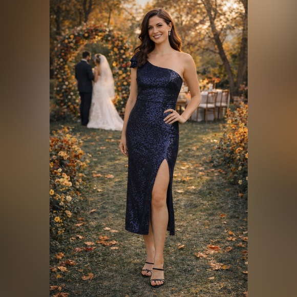 Ieena For Mac Duggal Dresses & Skirts - Ieena for Mac Duggal Bow One Shoulder Midnight Sequin Midi Dress Size 8